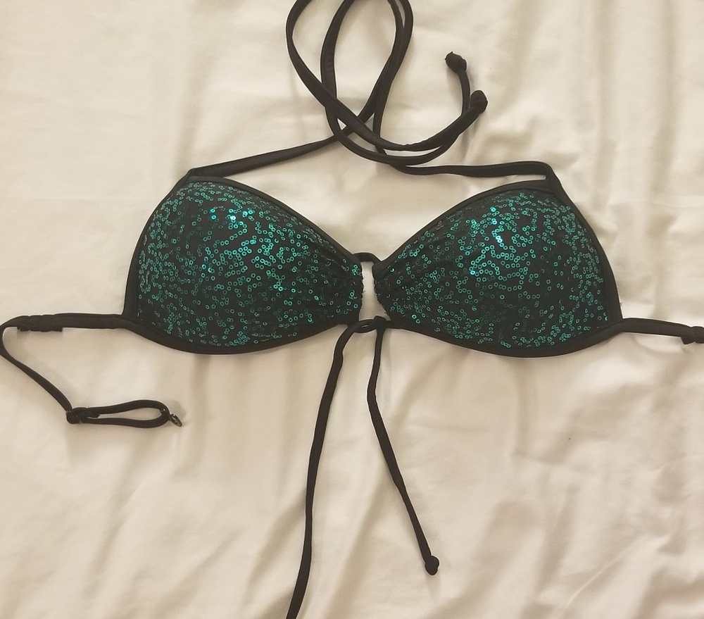 Green Sequin Tie Front Bikini Top